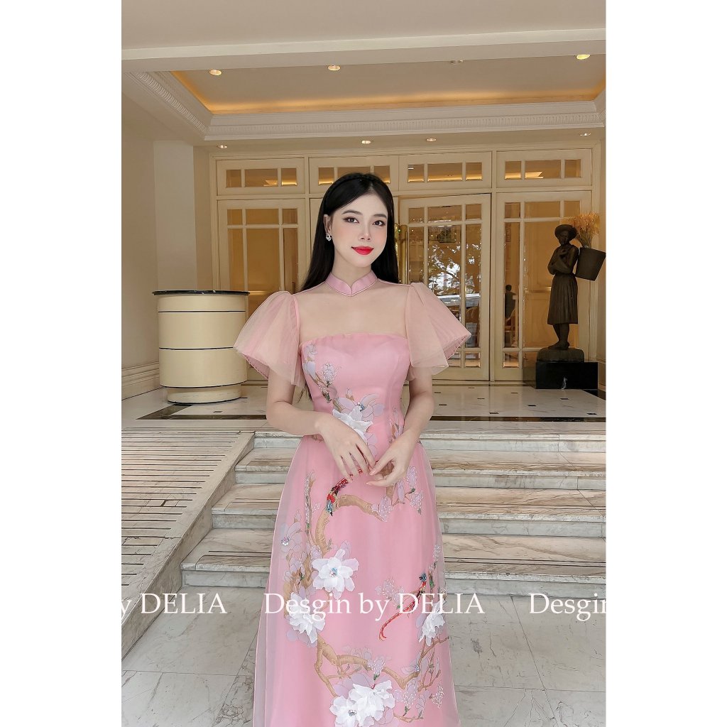 Áo Dài Cách Tân Thiết Kế Cao Cấp Delia Cát Tường Hồng Tơ Organza Đính Kết