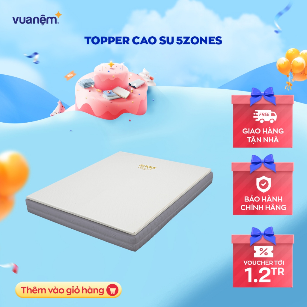 Topper cao su Gummi 5zone thoáng mát, kháng khuẩn, bảo vệ tối ưu bề mặt nệm