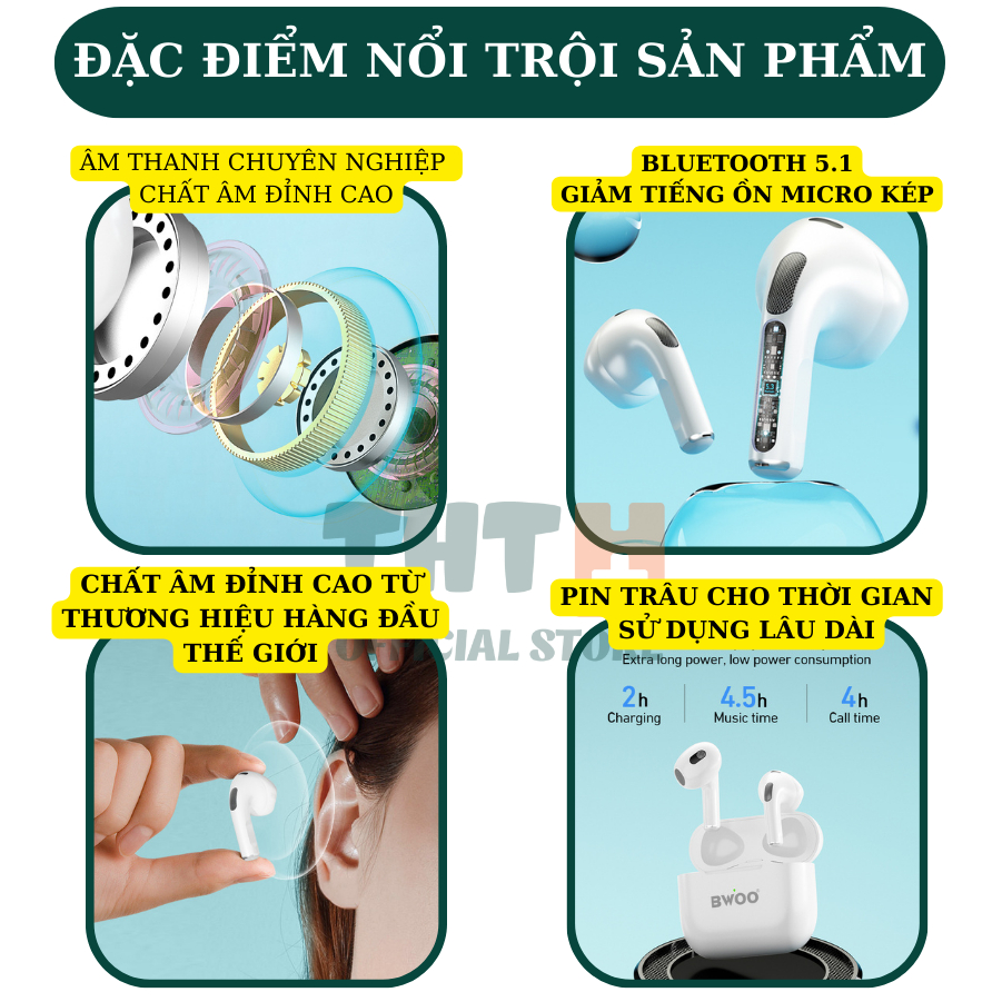Tai nghe BLUETOOTH BW49 chính hãng BWOO giảm tiếng ồn MICRO kép bảo hành 12 tháng