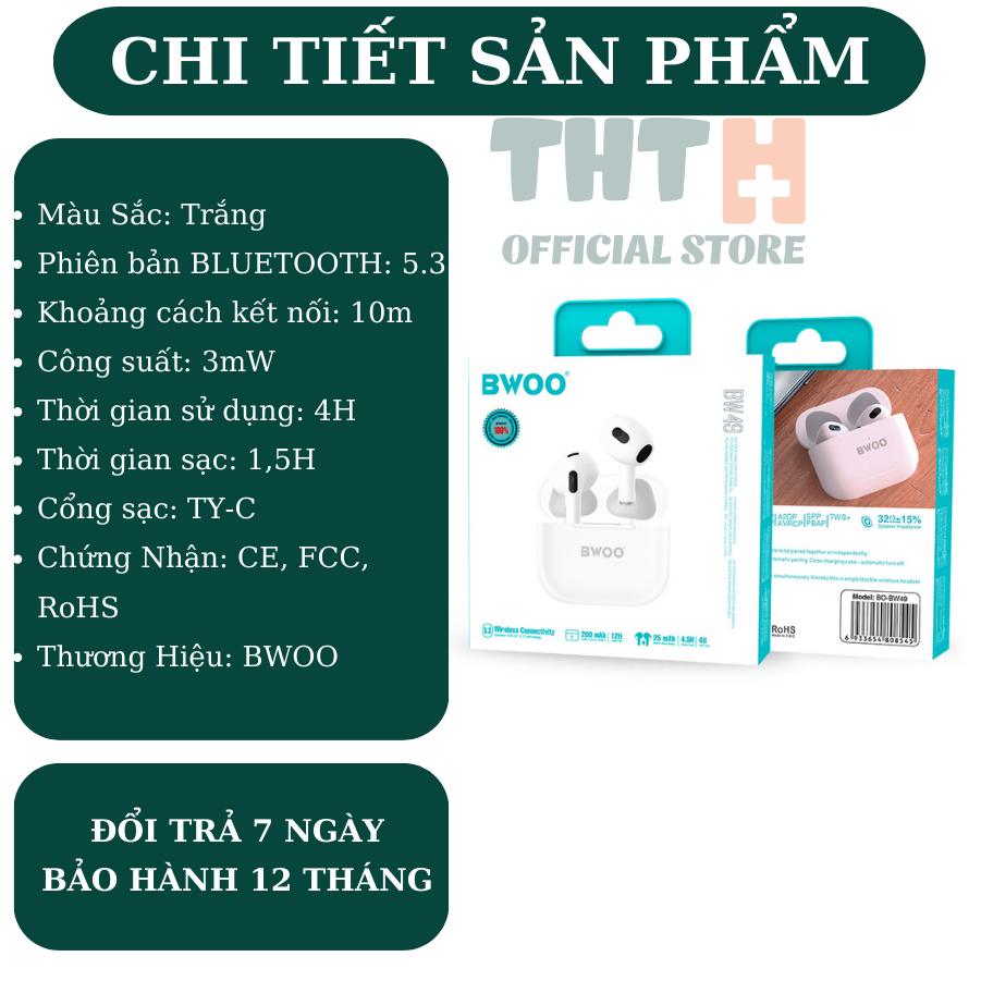Tai nghe BLUETOOTH BW49 chính hãng BWOO giảm tiếng ồn MICRO kép bảo hành 12 tháng