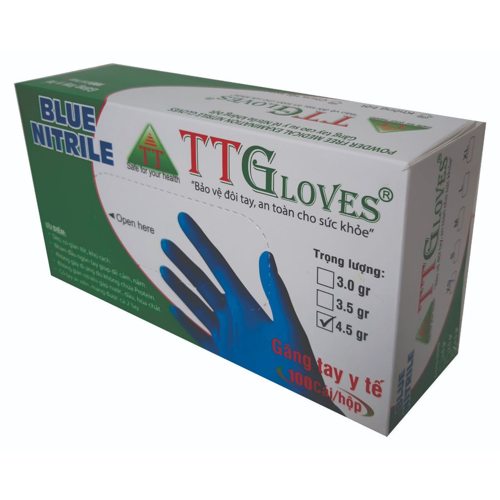 Găng tay y tế Nitrile không bột màu xanh TTGLOVE Trọng Lượng 4.5G Size S/M/L Dùng Trong Thẩm Mỹ, Phun Xăm,Spa,Thực Phẩm