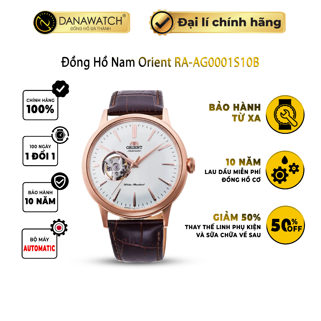 Đồng hồ nam Orient Bambino Open-Heart RA-AG0001S10B máy cơ thiết kế mặt kính cong lồi cùng dây đeo da nâu sang trọng