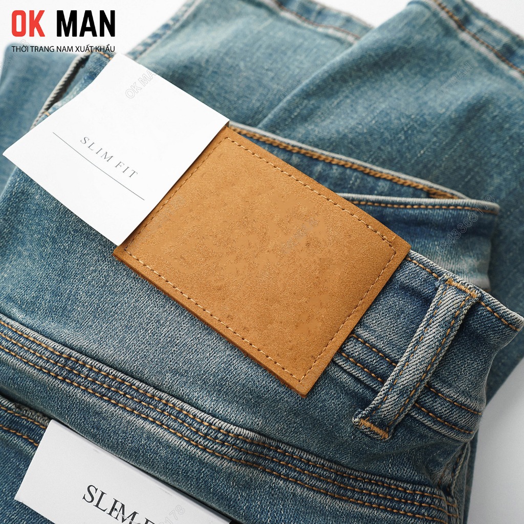 Quần jean nam OKMAN ống slimfit màu xanh dơ, co giãn tốt 23679