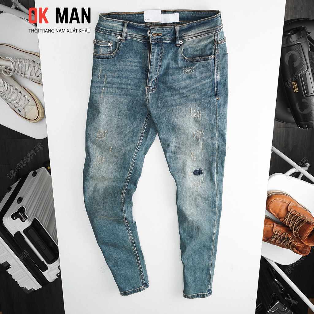 Quần jean nam OKMAN ống slimfit màu xanh dơ, co giãn tốt 23679