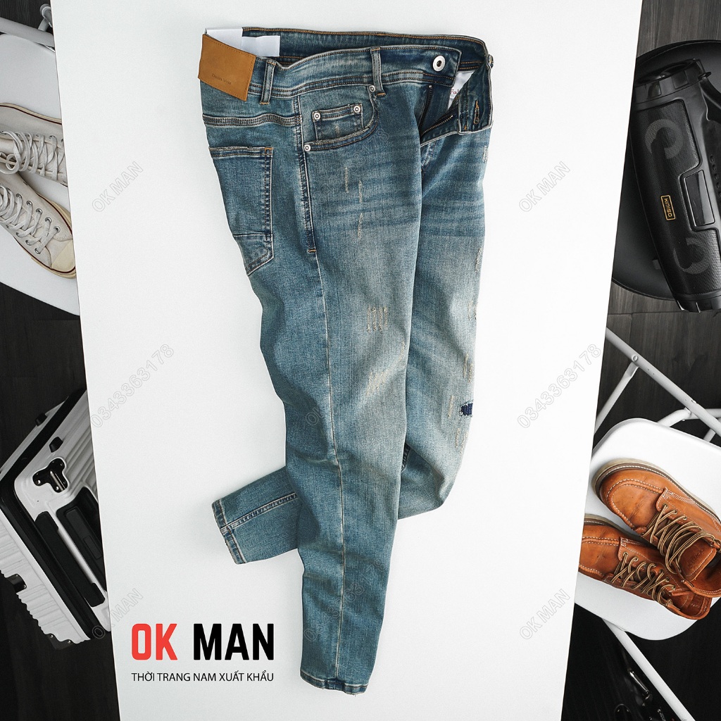 Quần jean nam OKMAN ống slimfit màu xanh dơ, co giãn tốt 23679