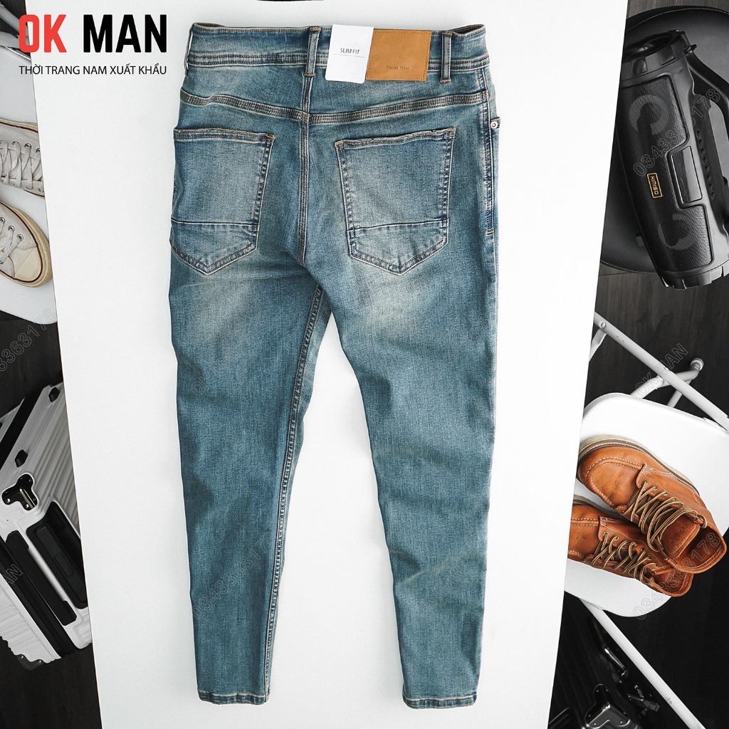 Quần jean nam OKMAN ống slimfit màu xanh dơ, co giãn tốt 23679