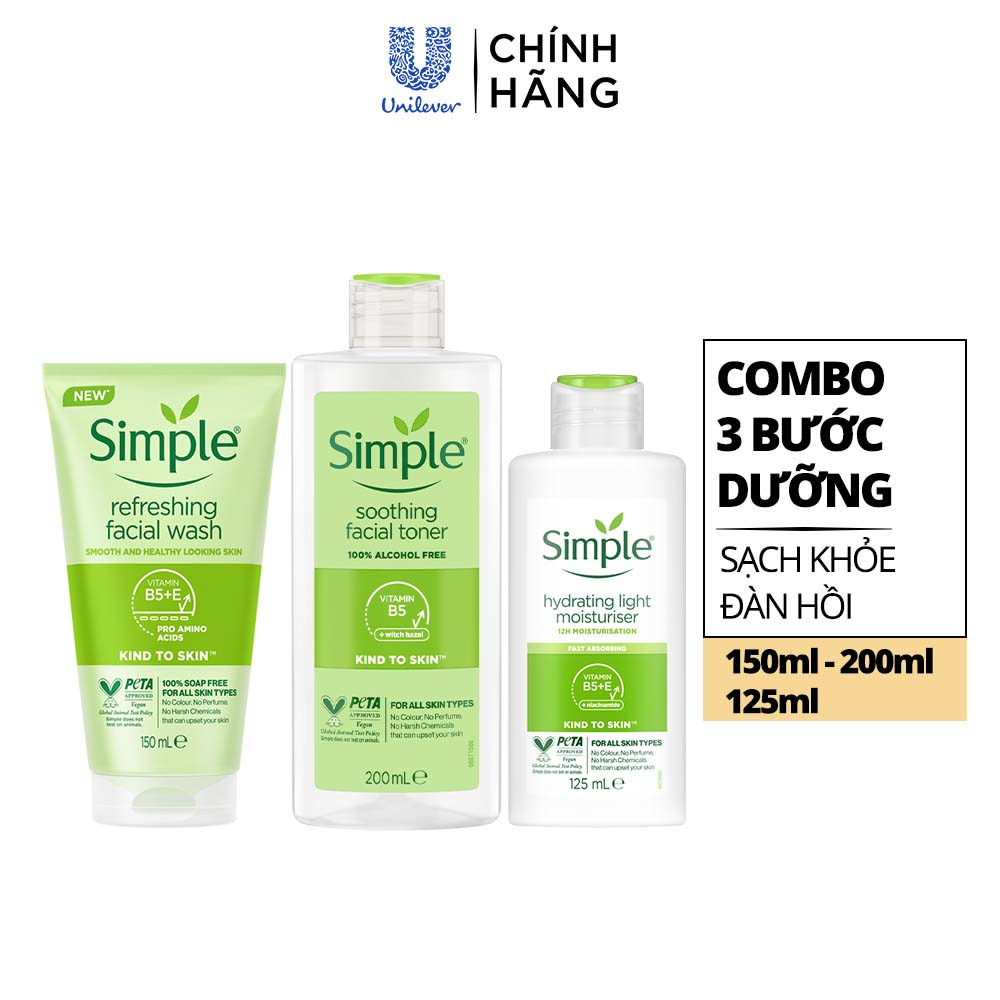 Combo Simple Sữa rửa mặt 150ml + Nước hoa hồng 200ml + Sữa dưỡng dạng sữa 125ml