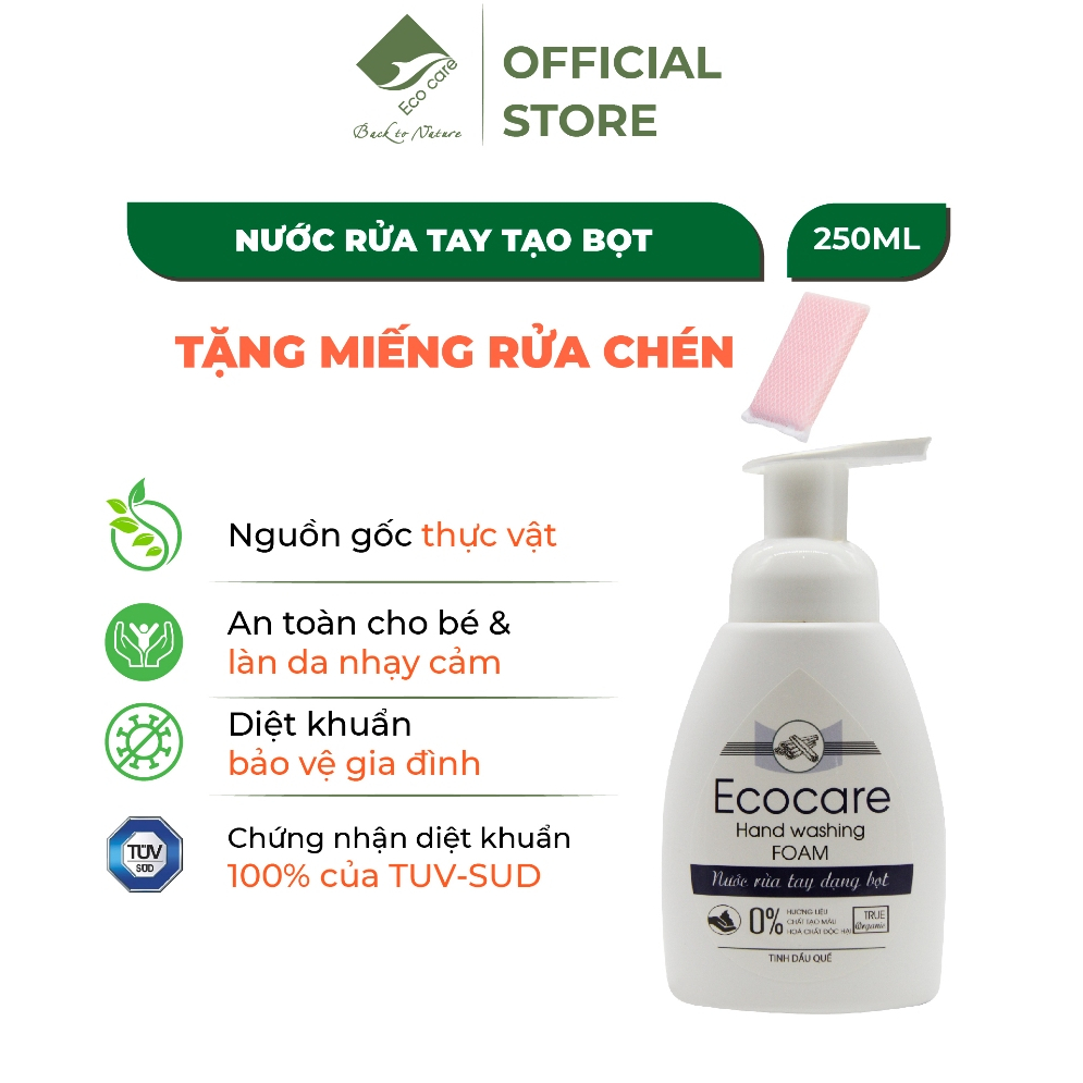 Nước Rửa Tay Tạo Bọt Tinh Dầu Quế ECOCARE 250ml, Thành Phần Thiên Nhiên An Toàn Cho Bé, Dịu Nhẹ Với Da Tay