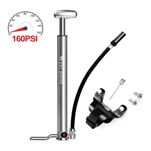 Bơm xe đạp mini West Biking bạc gắn ở khung xe 160PSI đa năng