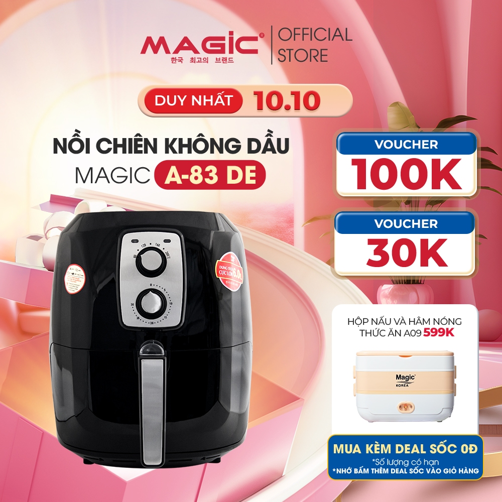 Nồi chiên không dầu Magic Korea A-83 Đen 6L cho gia đình 6-8 người,chiên nướng nguyên một con gà 1.8kg, BH chính hãng