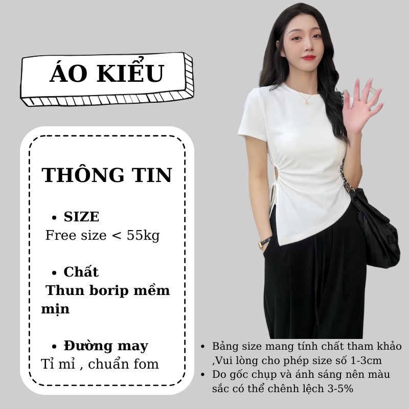 Áo Thun Khoét Bên Eo Vạt Nhọn RYSO FASHION Cộc Tay Rút Dây ￼Khoét Eo Chun Thắt Dây Phong Cách Hàn Quốc