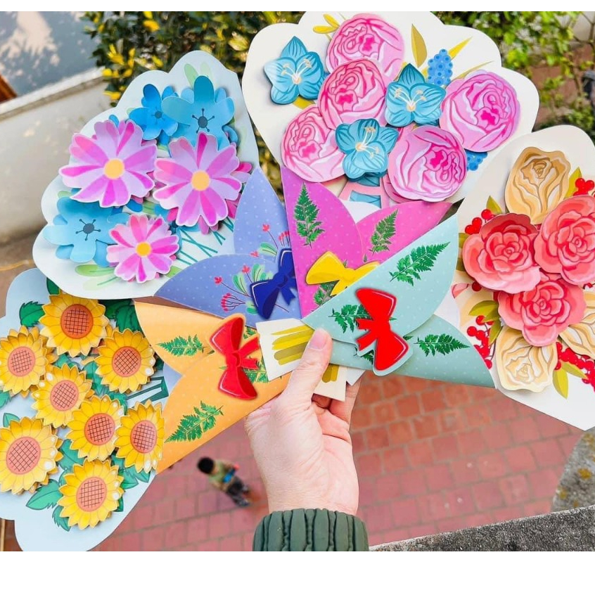 Combo 3 thiệp bó hoa 3D handmade 8/3, 20/10 , 20/11, sinh nhật kèm thêm hoa
