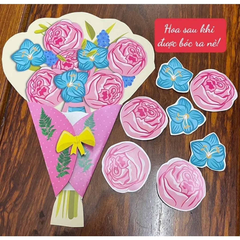 Combo 3 thiệp bó hoa 3D handmade 8/3, 20/10 , 20/11, sinh nhật kèm thêm hoa