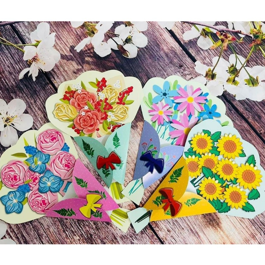 Combo 3 thiệp bó hoa 3D handmade 8/3, 20/10 , 20/11, sinh nhật kèm thêm hoa