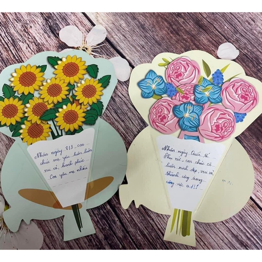 Combo 3 thiệp bó hoa 3D handmade 8/3, 20/10 , 20/11, sinh nhật kèm thêm hoa