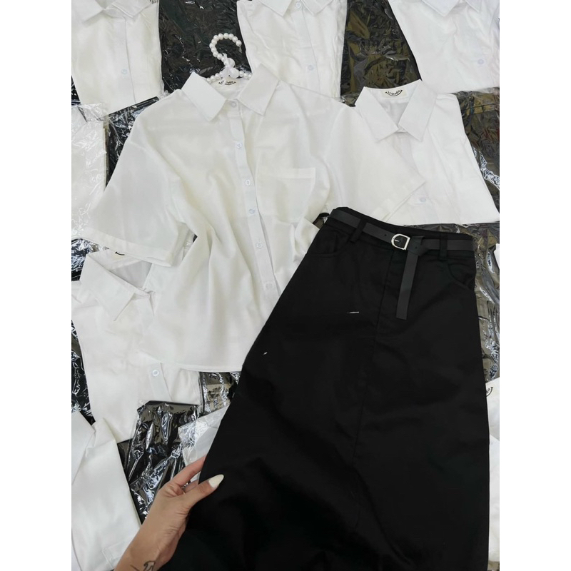 Sét Áo Sơ Mi Phối Chân váy kaki Kèm Dây Nịt Thời Trang Công Sở Đi chơi Dạo Phố