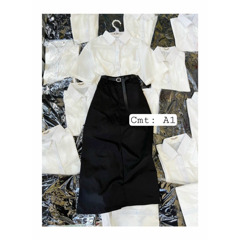 Sét Áo Sơ Mi Phối Chân váy kaki Kèm Dây Nịt Thời Trang Công Sở Đi chơi Dạo Phố