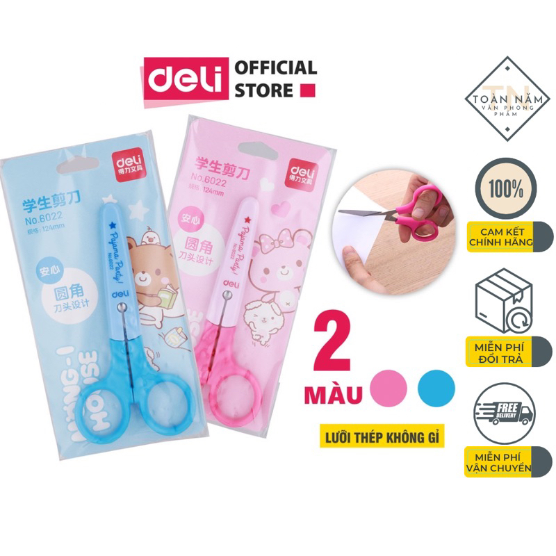 Kéo thủ công học sinh có vỏ bọc Deli 6022 - Xanh/Hồng