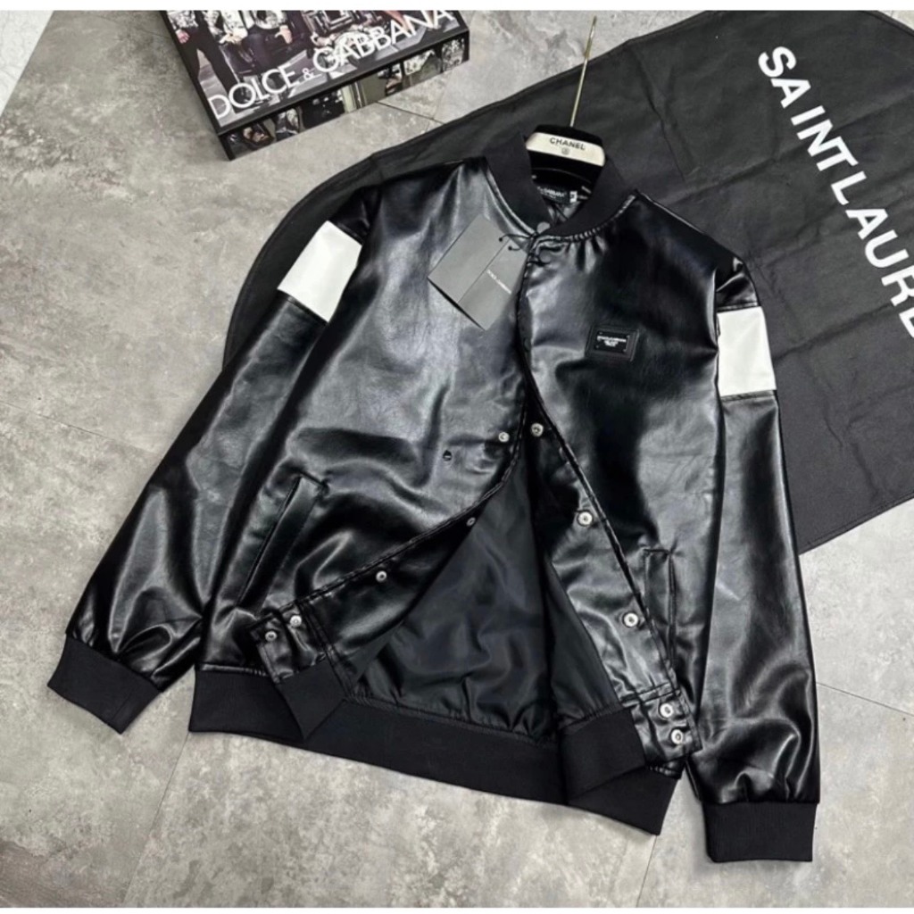 Áo khoác bomber LV Phối Da Cao Cấp Sang Trọng - Áo Bomber Chất Dạ 2 Lớp Cho Nam Thêu Logo Ngực Phối Sọc Trắng Siêu Hot