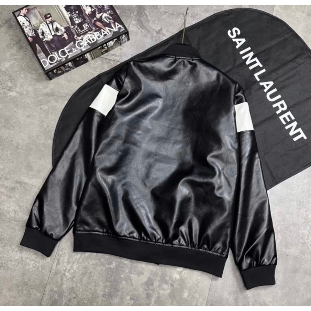 Áo khoác bomber LV Phối Da Cao Cấp Sang Trọng - Áo Bomber Chất Dạ 2 Lớp Cho Nam Thêu Logo Ngực Phối Sọc Trắng Siêu Hot