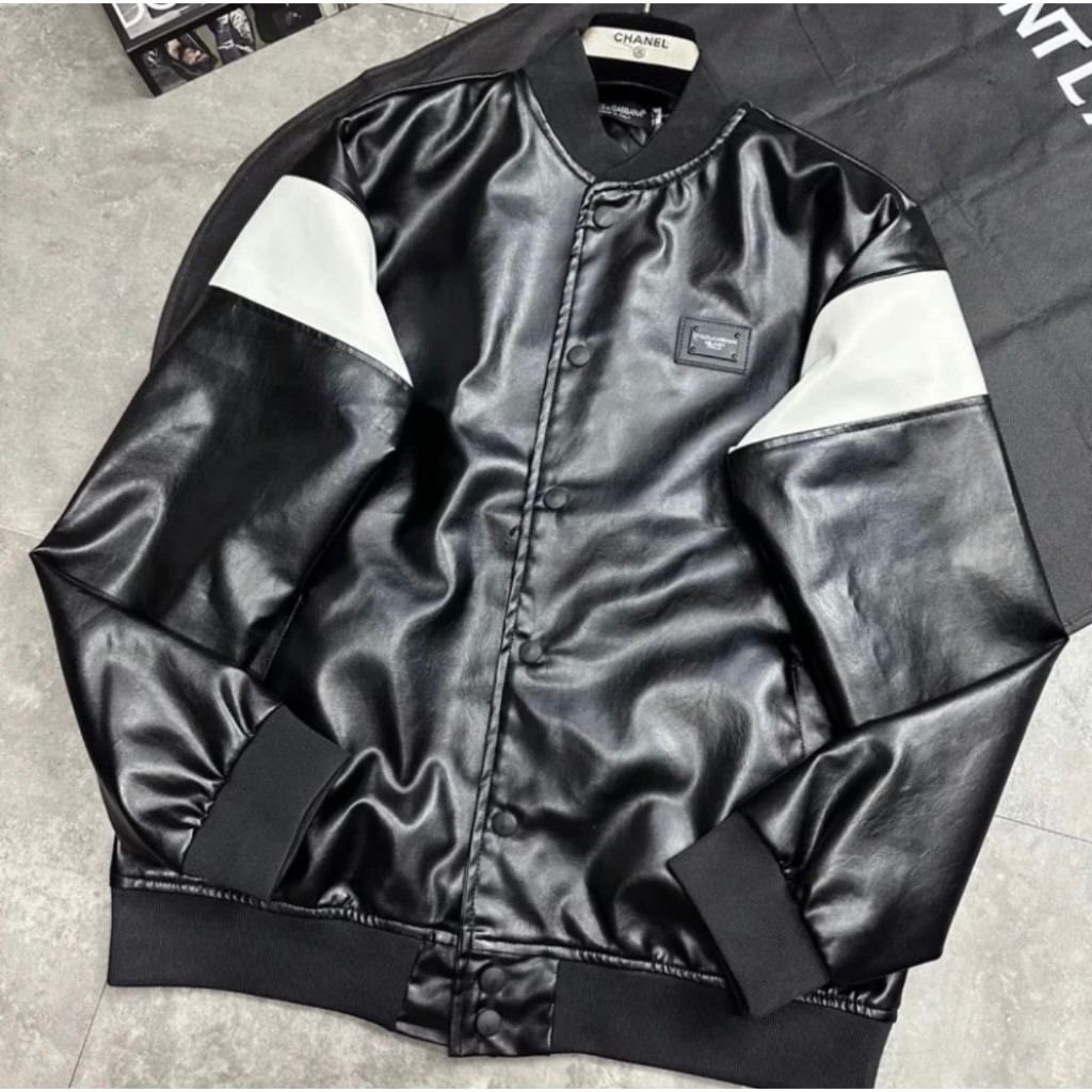 Áo khoác bomber LV Phối Da Cao Cấp Sang Trọng - Áo Bomber Chất Dạ 2 Lớp Cho Nam Thêu Logo Ngực Phối Sọc Trắng Siêu Hot