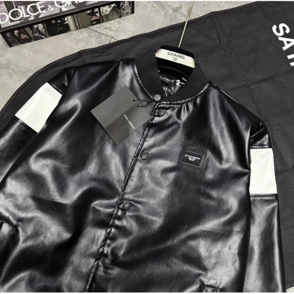 Áo khoác bomber LV Phối Da Cao Cấp Sang Trọng - Áo Bomber Chất Dạ 2 Lớp Cho Nam Thêu Logo Ngực Phối Sọc Trắng Siêu Hot