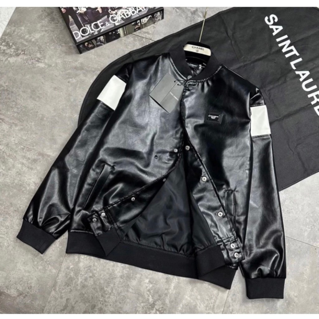 Áo khoác bomber LV Phối Da Cao Cấp Sang Trọng - Áo Bomber Chất Dạ 2 Lớp Cho Nam Thêu Logo Ngực Phối Sọc Trắng Siêu Hot