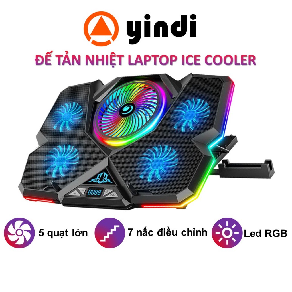 Đế tản nhiệt laptop YINDIAO ICE COOLER gaming 5 quạt lớn tương thích lên đến 17 inch làm mát nhanh led RGB