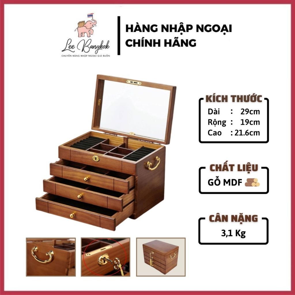 (TỦ CAO CẤP) Tủ, Rương Gỗ Đựng Trang Sức 4 Tầng Không Mở Cánh Chất Liệu Gỗ MDF Đựng Mỹ Phẩm, Đồng Hồ, Đá Quý