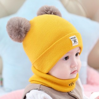 Nón len 2 cục bông kèm khăn choàng cho bé SL