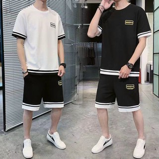 Bộ thể thao mặc nhà phối màu in chữ HAZARD ở ngực Quần áo thun nam Đồ tập gym mặc nhà hai màu đen trắng
