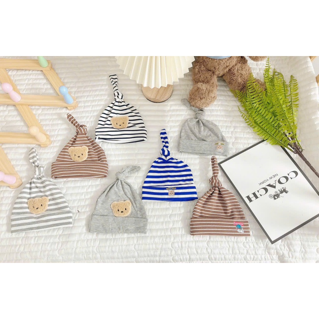 Mũ tỏi cotton đính Gấu phối kẻ dễ thương phong cách Hàn Quốc, co giãn cho bé sơ sinh