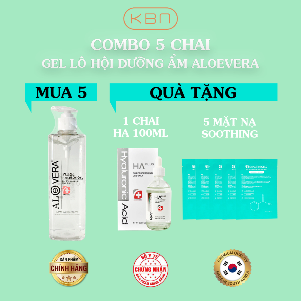 Combo 5 Chai Gel Nha Đam Aloe Vera Hàn Quốc (Chính Hãng) Tặng 1 Serum HA Plus 100ml + Tặng 5 Mặt Nạ