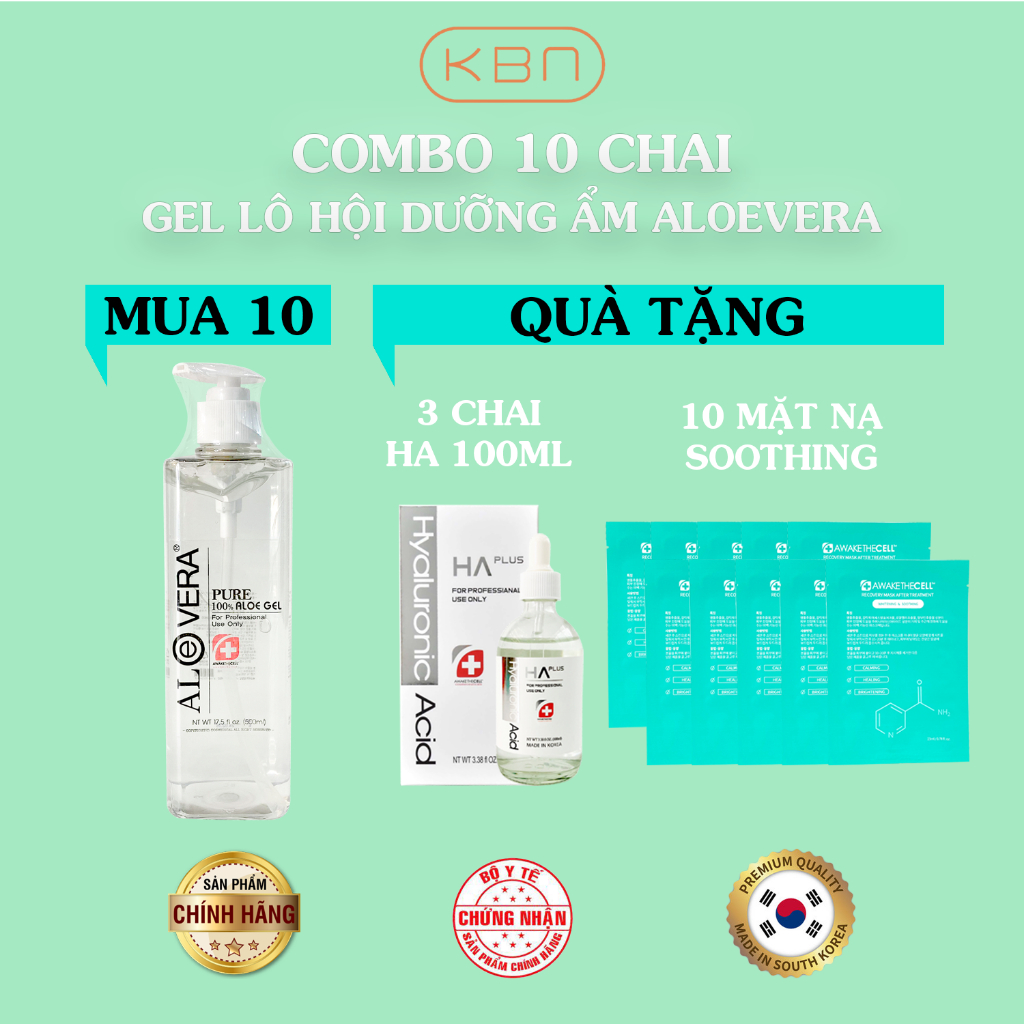 Combo 10 Chai Gel Nha Đam Aloe Vera Hàn Quốc (Chính Hãng) Tặng 3 Serum HA Plus 100ml Tặng 10 Mặt Nạ