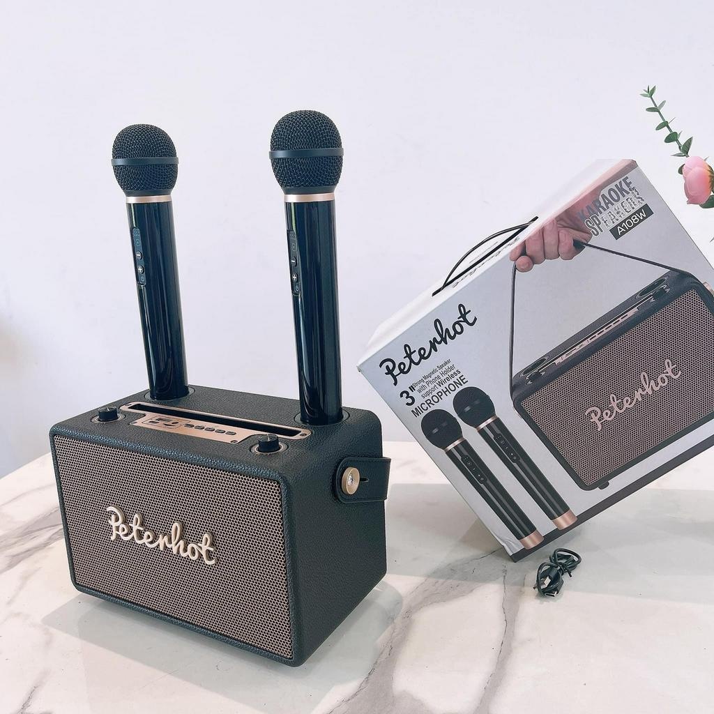 Loa Bluetooth Karaoke Peterhot A108W - Thiết Kế Sang Trọng, Âm Bass Mạnh Mẽ, Kèm 2 Micro Không Dây - Bảo Hành 12 Tháng