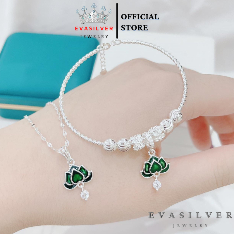 Sét trang sức mặt sen xanh chất liệu bạc ta cao cấp, gồm dây chuyền, lắc chân, lắc tay, và bông tai