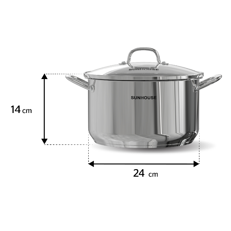 Nồi inox 3 đáy vung kính Sunhouse SHG301-24 24cm dung tích 5L max dùng trên mọi loại bếp
