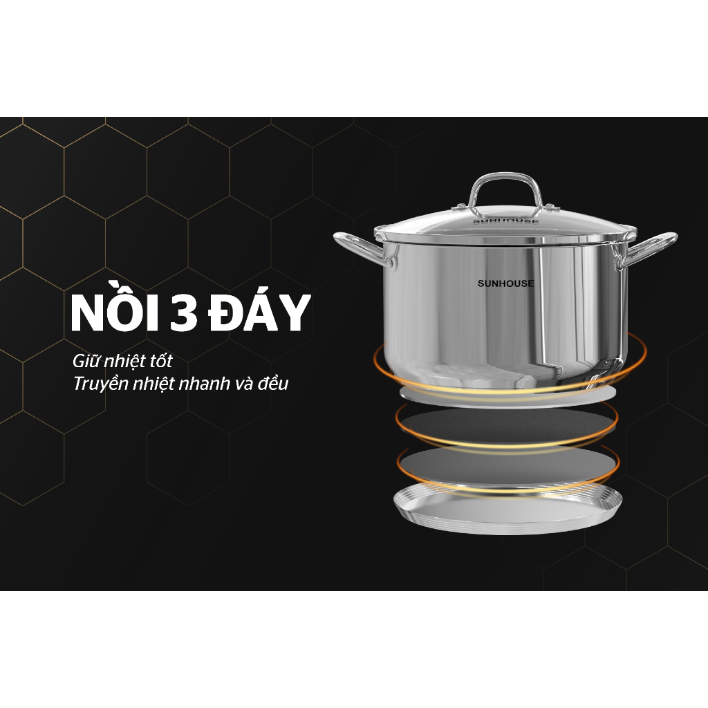Nồi inox 3 đáy vung kính Sunhouse SHG301-24 24cm dung tích 5L max dùng trên mọi loại bếp