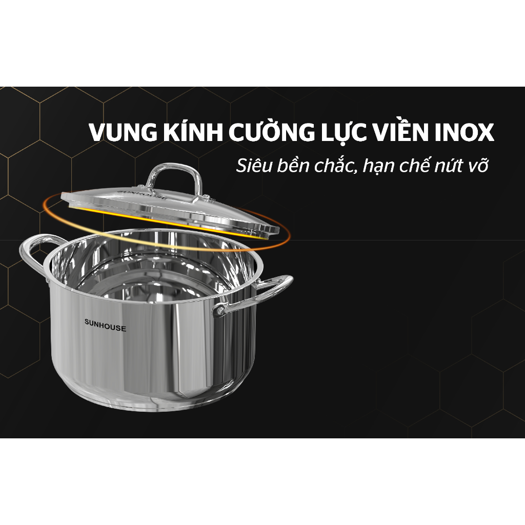 Nồi inox 3 đáy vung kính Sunhouse SHG301-24 24cm dung tích 5L max dùng trên mọi loại bếp