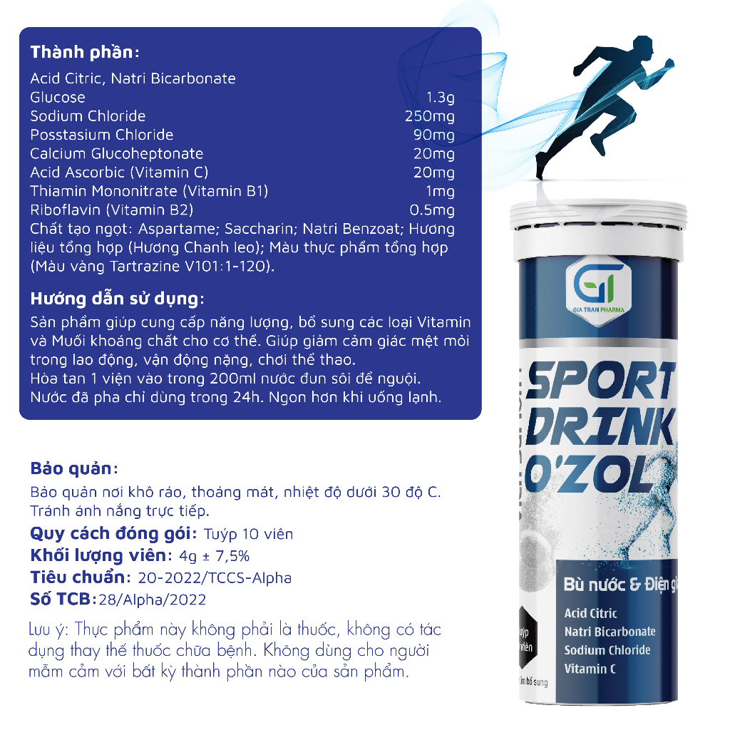 Viên sủi Ion+ Sport Drink O'zol tuýp 20 viên - bù nước và điện giải kèm các Vitamin, Acid Amin cho cơ thể