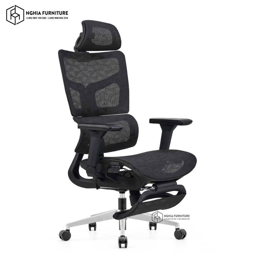 Ghế công thái học Nghia Furniture Ergonomic 06 Plus có gác chân, ngả ghế 135 độ, tựa đầu 3D, tay vịn 3D, full tính năng