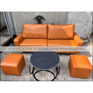 Combo 1 ghế + 2 đôn sofa da nâu, sofa da thời thượng đặt căn hộ - hàng thật bh 2 năm - ngọc mai furniture