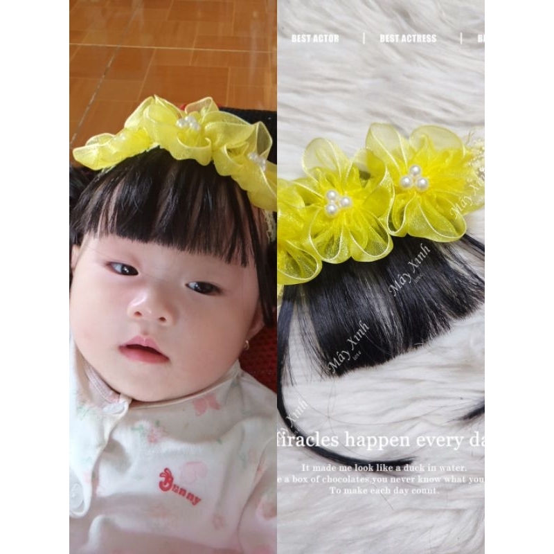 Băng đô tóc giả  hoa trắng nhũ to xinh nhiều màu cho bé
