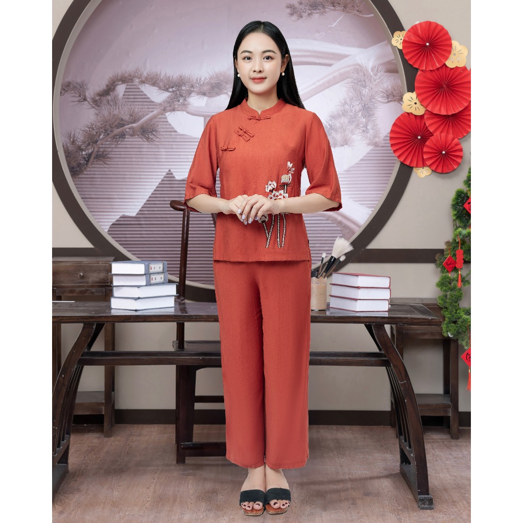 Bộ Lam Đi Chùa Đũi Vân Mây Cao Cấp - Pháp Phục Cô Thỏ