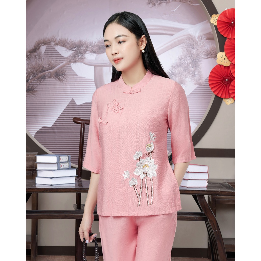 Bộ Lam Đi Chùa Đũi Vân Mây Cao Cấp - Pháp Phục Cô Thỏ