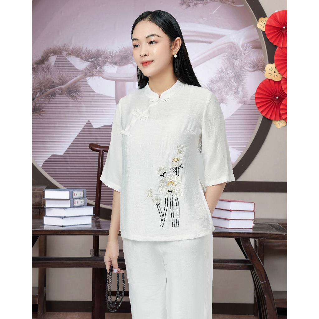 Bộ Lam Đi Chùa Đũi Vân Mây Cao Cấp - Pháp Phục Cô Thỏ