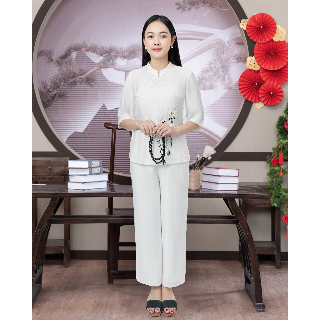 Bộ Lam Đi Chùa Đũi Vân Mây Cao Cấp - Pháp Phục Cô Thỏ