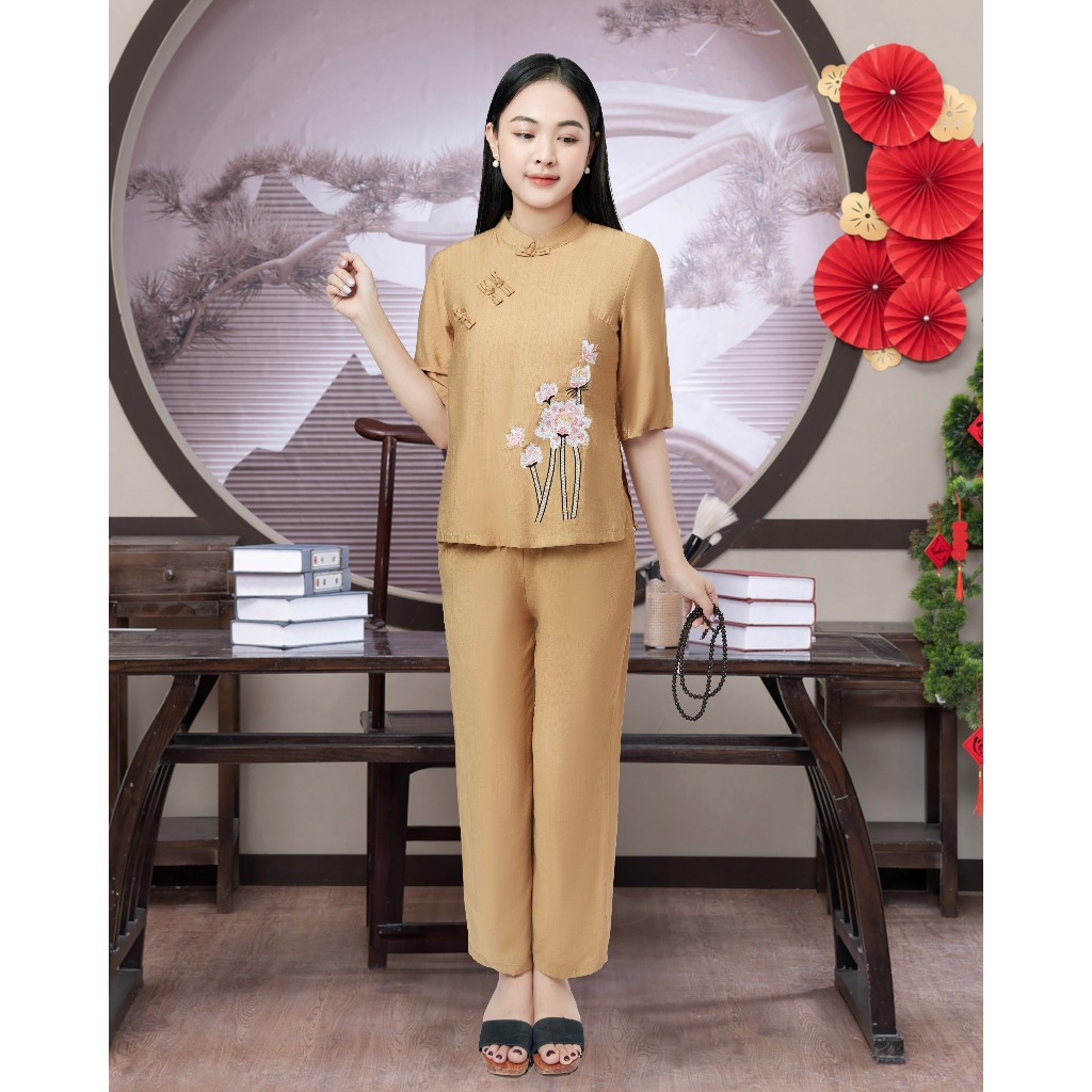 Bộ Lam Đi Chùa Đũi Vân Mây Cao Cấp - Pháp Phục Cô Thỏ