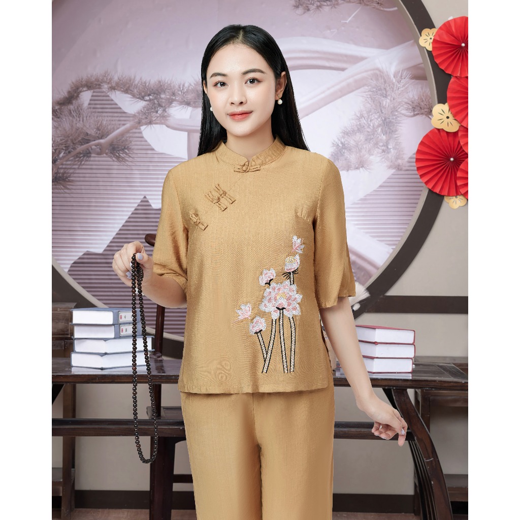 Bộ Lam Đi Chùa Đũi Vân Mây Cao Cấp - Pháp Phục Cô Thỏ