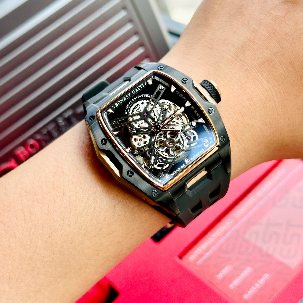 Đồng Hồ Nam Automatic Bonest Gatti BG5502 Rose Gold - Dây Silicone, Size 46mm